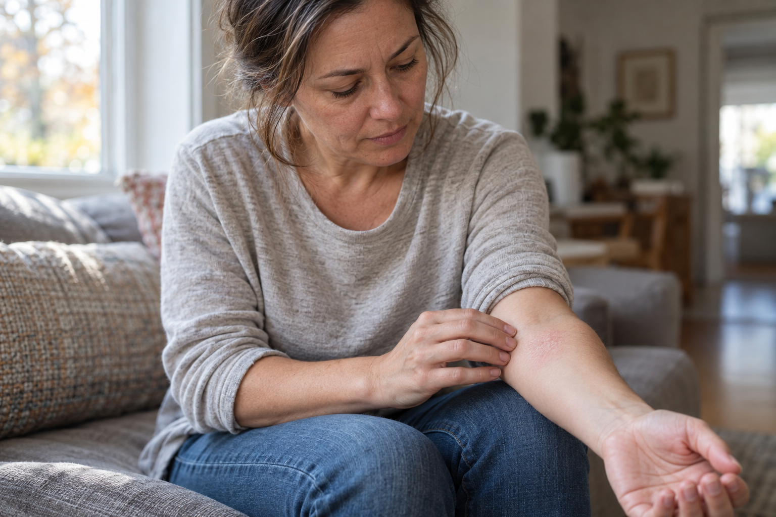 Woman sitting on a sofa concerned with a dry spot on her inner arm.