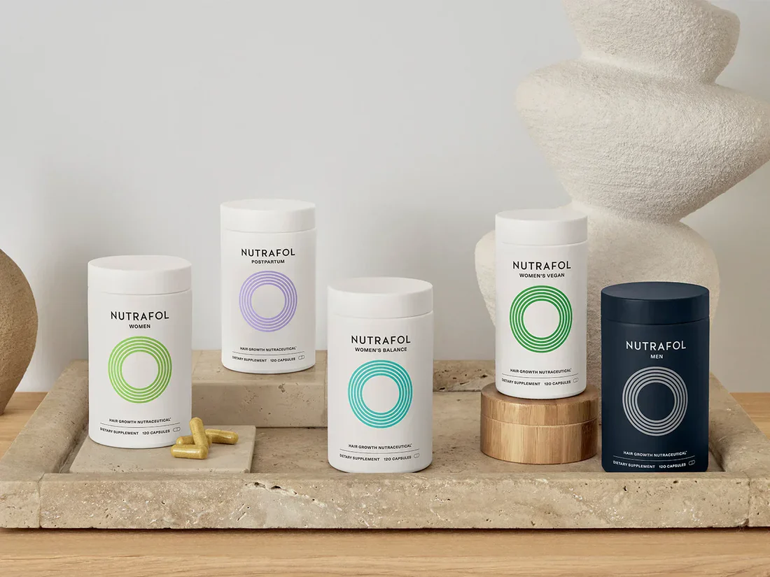 Nutrafol hair growth supplement product line including Women, Men, Postpartum, and Women's Balance formulas