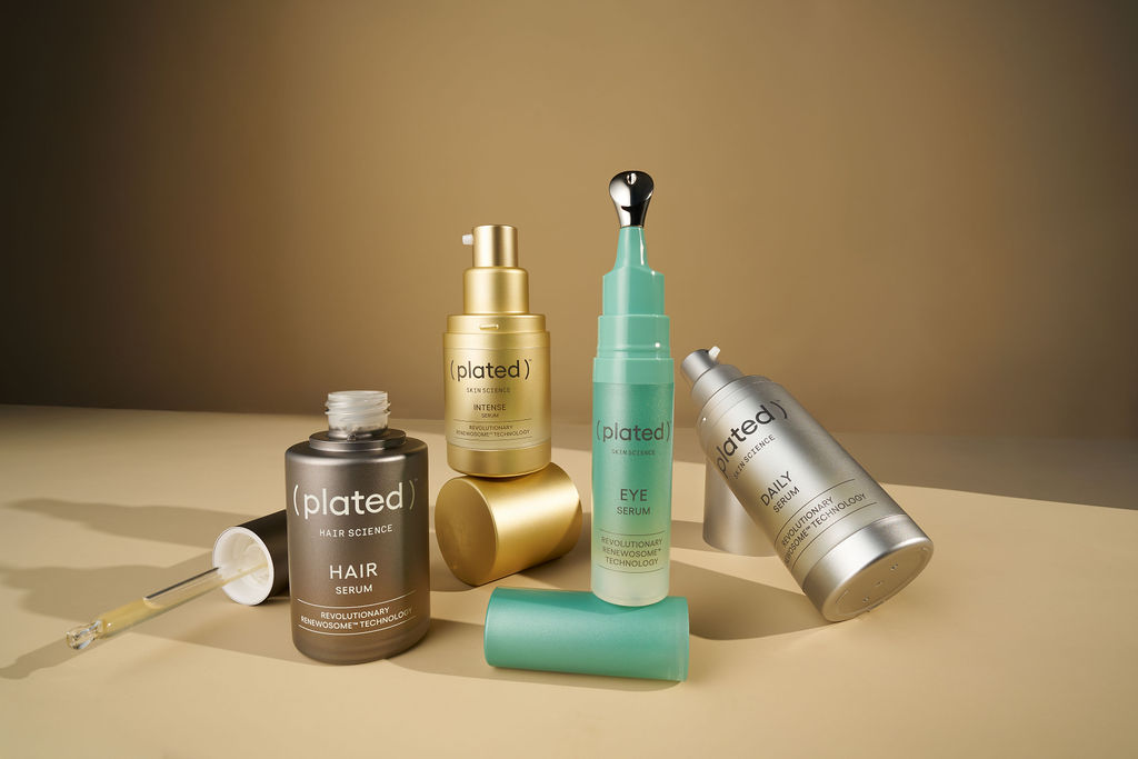 Plated Skin Science product collection featuring Intense, Daily, Hair, and Eye serums