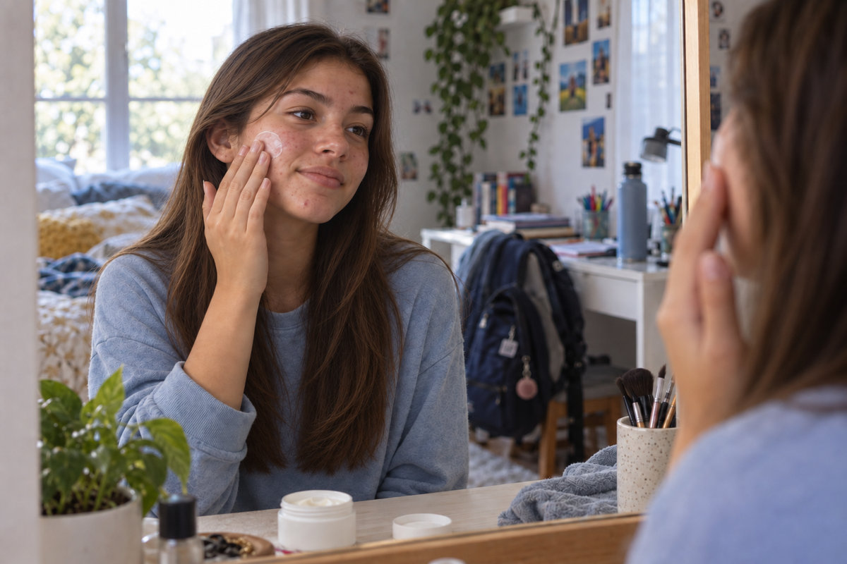 teen girl applying moisturizer in mirror.